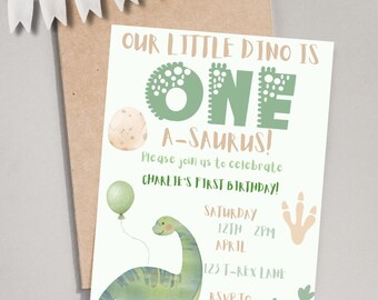 One-A-Saurus、恐竜1歳の誕生日招待状（デジタルテンプレート）