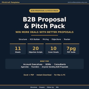 Pode incluir: Gráfico azul escuro com o texto "B2B Proposal & Pitch Pack" e "Win More Deals With Better Proposals". Inclui 11 folhas, 20 scripts de objeção, 10 e-mails de capa e um guia PDF de 7 páginas. Para executivos, consultores, agências e fundadores.