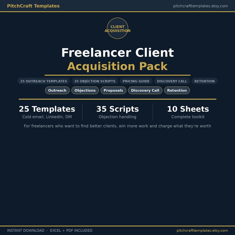 May include: A dark blue graphic with the text "Freelancer Client Acquisition Pack." It includes templates, scripts, and sheets for freelancers. The text includes "25 Templates," "35 Scripts," and "10 Sheets." The website pitchcrafttemplates.etsy.com is also displayed.