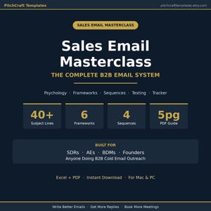May include: A dark blue graphic promoting a "Sales Email Masterclass" with "The Complete B2B Email System." Features include 40+ subject lines, 6 frameworks, 4 sequences, and a 5pg PDF guide. Designed for SDRs, AES, BDMs, Founders, and B2B cold email outreach.