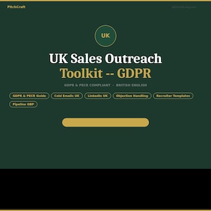 Puede incluir: Gráfico verde oscuro con el texto "UK Sales Outreach Toolkit -- GDPR" en blanco y dorado. El gráfico también incluye el texto "GDPR & PECR COMPLIANT - BRITISH ENGLISH" y varios botones de temas.