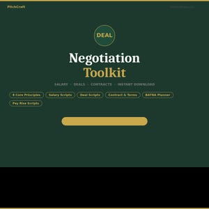 Può includere: Grafica verde scuro con il testo "Negotiation Toolkit" in bianco. L'immagine include le parole "DEAL", "SALARY", "DEALS", "CONTRACTS" e "INSTANT DOWNLOAD". Il testo aggiuntivo include "8 Core Principles", "Salary Scripts", "Deal Scripts", "Contract & Terms", "BATNA Planner" e "Pay Rise Scripts".