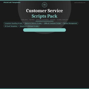 Może przedstawiać: Grafika dla skryptów obsługi klienta. Tytuł "Customer Service Scripts Pack" jest w kolorze białym i turkusowym. Słowa kluczowe to "Complaint Handling Scripts", "Refund & Returns Scripts" i "30 Email Templates". Tło jest czarne.