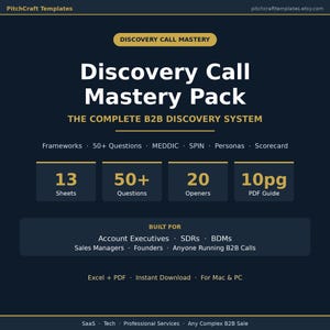 Puede incluir: Gráfico azul oscuro con el texto "Discovery Call Mastery Pack" y "The Complete B2B Discovery System". Incluye información sobre marcos, preguntas y una guía PDF. Para ejecutivos de cuentas. Descarga instantánea.