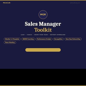 May include: A navy blue graphic with the text "Sales Manager Toolkit" in white. The toolkit includes templates and scripts for coaching, performance, and onboarding. The PitchCraft logo and website are in the top corners.