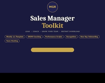 Peut inclure: Graphique bleu marine avec le texte "Sales Manager Toolkit" en blanc. La boîte à outils comprend des modèles et des scripts pour le coaching, la performance et l'intégration. Le logo et le site Web de PitchCraft sont dans les coins supérieurs.