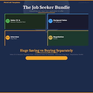 May include: A dark blue graphic with the text "The Job Seeker Bundle" and the tagline "Everything you need from application to offer." The image includes sections for Sales CV & Resume Template Pack, Designed Sales CV Template, Interview Prep Pack, and Negotiation Toolkit.