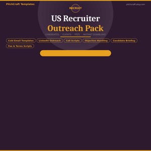 Può includere: Una grafica di marketing digitale con il testo "US Recruiter Outreach Pack" in bianco e arancione. La grafica include le parole "Candidates, Clients, Fees, Instant Download" e altre frasi correlate. Lo sfondo è di colore viola scuro.