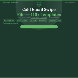 May include: Dark green graphic with the text "Cold Email Swipe File - 110+ Templates." Additional text includes "B2B SaaS & Tech," "Finance & Fintech," and "Real Estate." The Etsy shop name "pitchcraft.etsy.com" is in the top right corner.