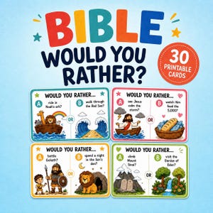 Puede incluir: Un conjunto de 30 tarjetas imprimibles Bible Would You Rather con ilustraciones coloridas de escenas bíblicas. Cada tarjeta presenta dos opciones etiquetadas como A y B, incluyendo escenarios como el arca de Noé, el mar Rojo, Jesús y Goliat.