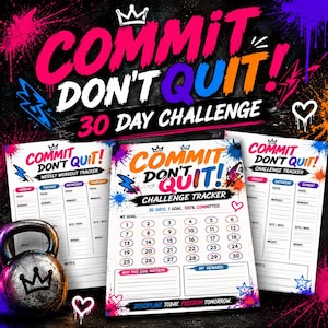 May include: An image promoting a 30-day fitness challenge, with the slogan "COMMIT DON'T QUIT!" and workout trackers. The design includes a kettlebell and the text "DISCIPLINE TODAY. FREEDOM TOMORROW." The image uses bright colours and a crown design.