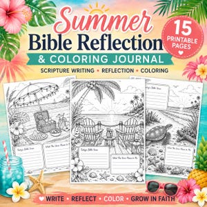 May include: A Summer Bible Reflection & Coloring Journal with 15 printable pages. The cover features tropical flowers, palm leaves, and three black and white coloring pages showing beach scenes with chairs, a picnic, and a sea turtle.