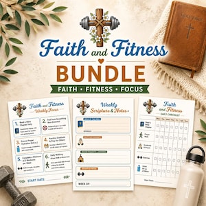 May include: A bundle of faith and fitness items, including a Bible, workout checklist, and water bottle. The design features a cross with dumbbells and the words "Faith and Fitness Bundle". The checklist includes space to track workouts and scripture reading.