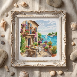 Mediterranean Cross Stitch Pattern PDF, Coastal Town Needlepoint Chart, Beach Embroidery Design, Italian Vacation Craft, Instant Download