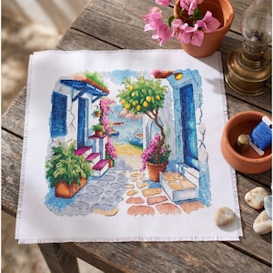 Greece in Bloom Cross Stitch Pattern PDF, Mediterranean Embroidery Chart, Greek Village Courtyard Landscape Stitch, Textile Wall Art