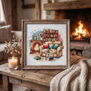 Puede incluir: Un bordado en punto de cruz enmarcado que representa una acogedora escena de sala de estar con una chimenea, una estantería llena de libros coloridos, un sofá beige con cojines rojos, azules y verdes, una mesa de centro pequeña y libros.