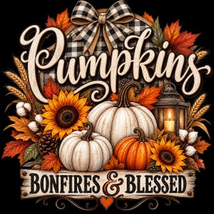 Może przedstawiać: Ozdobna grafika z napisem Pumpkins oraz Bonfires & Blessed. Projekt zawiera białe i pomarańczowe dynie, słoneczniki, bawełnę, kłosy pszenicy, jesienne liście, latarnię z zapaloną świecą oraz kokardę w czarno-białą kratę.
