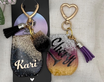 Personalized Resin Wine Glass Keychain | Custom Name Glitter Charm