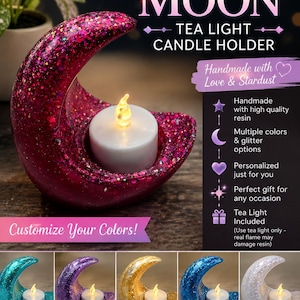 May include: A crescent moon-shaped tea light candle holder made of resin with a pink and purple glitter finish. The holder contains a white tea light candle. Text on the image includes Celestial Moon Tea Light Candle Holder and Customize Your Colors.