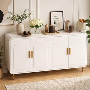 Modern White 60" Sideboard Cabinet, Curved Minimalist Console Table, 4 Door Storage