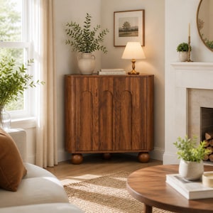 May include: A wooden cabinet with three arched door panels, set on rounded feet. A small lamp sits on top, next to a vase with greenery. The cabinet is in a well-lit room with a window and a round coffee table.