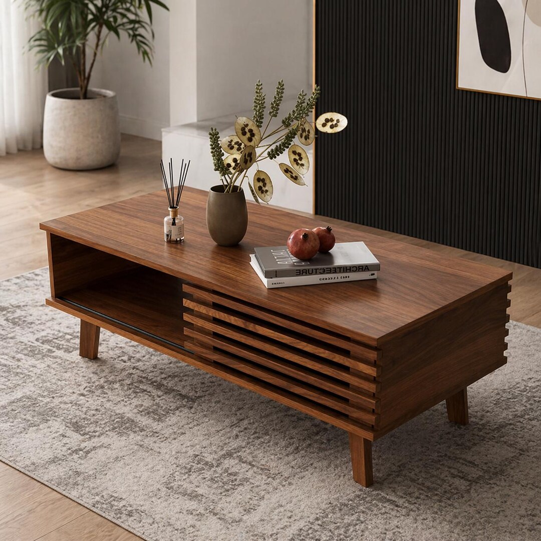 Mid Century Modern Walnut Coffee Table, Slatted Sliding Door Storage ...