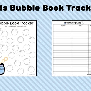 May include: A blue and white striped background with two printable pages. The left page is a "Bubble Book Tracker" with bubbles to color. The right page is a "Reading Log" with spaces for book title, author, and rating. The text "Kids Bubble Book Tracker" is at the top.