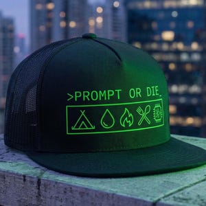 May include: Black trucker cap featuring the text '>PROMPT OR DIE' in neon green, along with camping, water drop, flame, cutlery, and circuit board symbols. The cap has a mesh back and a curved peak.
