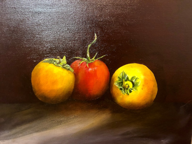 Original Oil Painting of Persimmons and Tomato