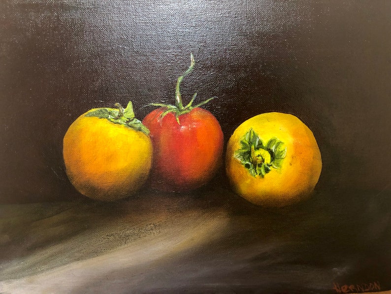 Original Oil Painting of Persimmons and Tomato