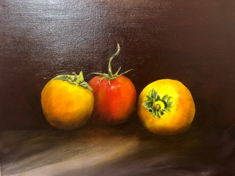 Original Oil Painting of Persimmons and Tomato