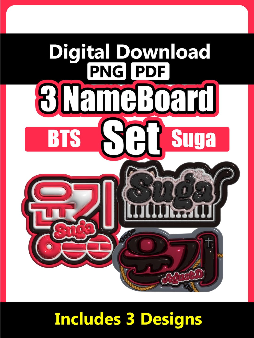 Suga Unity Sign BTS Suga Arirang 3 Design Name Board Set, Yoongi Fan Sign, Kpop Concert ...