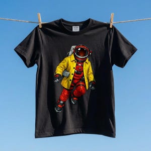 PROYECTO AVE MARÍA - gracia flotando - pose de flotación - astronauta - impermeable amarillo - chaqueta de lluvia amarilla - espacio - divertido - camiseta - camisa negra