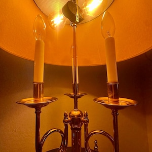 Vintage Solid Brass French Horn Bouillotte Lamp | 3-Arm Candelabra, Original Shade image 10