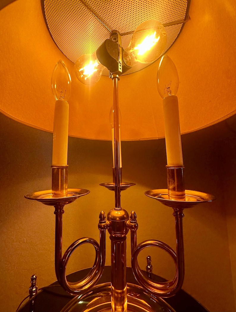 Vintage Solid Brass French Horn Bouillotte Lamp | 3-Arm Candelabra, Original Shade image 10