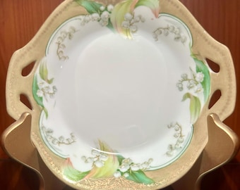 Antique RS Silesia Hand Painted Plate • Lily of the Valley, Gold Gilt Porcelain