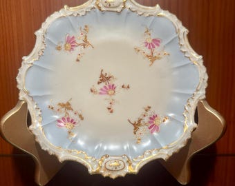 Antique Limoges Hand-Painted Floral Plate, Gold Scalloped Rim, Blue or Green