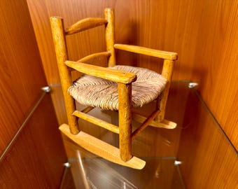 Vintage Handcrafted Miniature Rocking Chair with Rush Seat