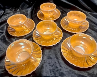 Vintage Fire-King Peach Lustre Swirl Cup and Saucer Set | Anchor Hocking 1950s Milk Glass