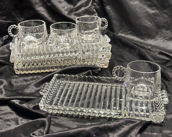 Hazel Atlas Orchard Crystal Snack-Sip-Smoke Trays & Cups – Mid-Century Set