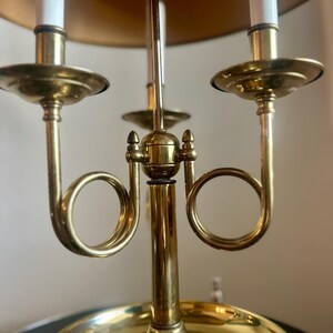 Vintage Solid Brass French Horn Bouillotte Lamp | 3-Arm Candelabra, Original Shade image 5