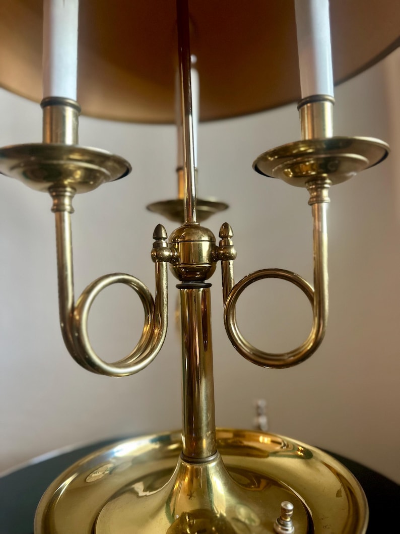 Vintage Solid Brass French Horn Bouillotte Lamp | 3-Arm Candelabra, Original Shade image 5