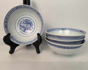 Jingdezhen Linglong Rice Grain Porcelain Bowls Set of 4 – Blue & White Dragon 6.25"