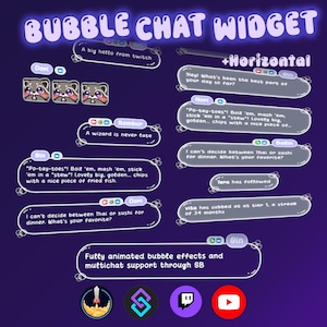 Könnte beinhalten: Ein lila Grafik, die ein "Bubble Chat Widget" mit Sprechblasen, Cartoon-Waschbären und Social-Media-Symbolen bewirbt. Der Text enthält "Voll animierte Blaseffekte" und "Multichat-Unterstützung".