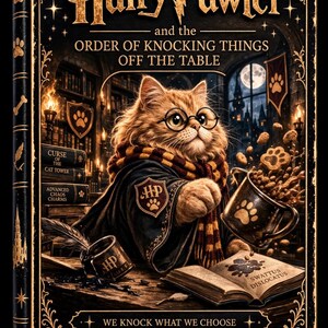 Könnte beinhalten: Buchcover-Illustration "Hairy Pawter und der Orden, Dinge vom Tisch zu stoßen". Eine Katze mit Brille, Schal und Robe hält einen Becher. Der schwarz-goldene Einband enthält den Text "We Knock What We Choose" und "by Tails & Tales."