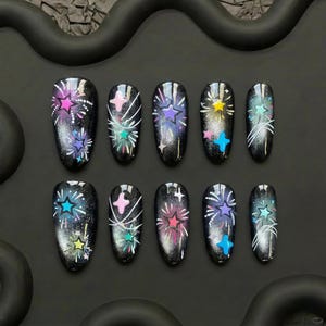 Galaxy Fireworks Press On Nails Handpainted Starry Night Fake Nails Shimmer Black Nails Colorful Stars Reusable Glue On Nails Luxury Mani.