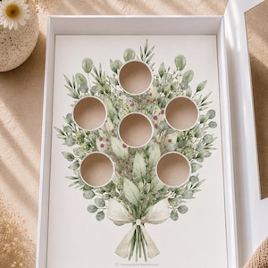 May include: A white rectangular box containing a paper insert with a printed watercolor illustration of a green eucalyptus bouquet featuring six circular cutouts for items. The text Serendipity Bakehouse is printed at the bottom center.