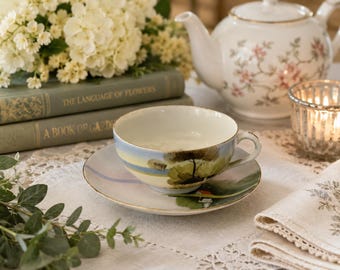 Zestaw porcelanowy z połowy XX wieku, ręcznie malowany spodek do filiżanki do herbaty Shofu w stylu japońskim z pejzażem