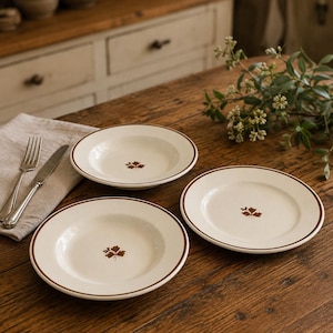 May include: Three off-white ceramic plates with a brown rim and a small brown leaf motif centered on each piece. The set includes two deeper bowl-style plates and one flat dinner plate, all featuring a smooth, glazed finish and simple design.