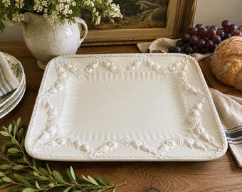 Vintage Stefani Italy White Ceramic Grapevine and Fruit Serving Platter 14" x 11.5" | Embossed Italian Farmhouse Serving Tray